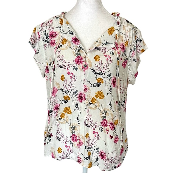 Buffalo David Bitton Women's Small Woven Cream Floral Viscose Blouse V Neck Norm - Picture 1 of 7